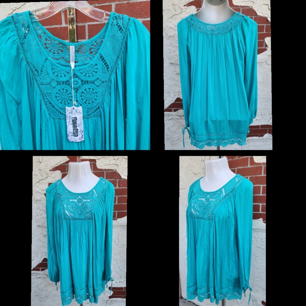 LARGE New women MonoReno tunic crochet long sleeve blouse boho